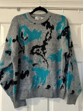 Vintage 90s Saturdays Pullover Sweater Wool Blend Unisex Large Gray Abstract
